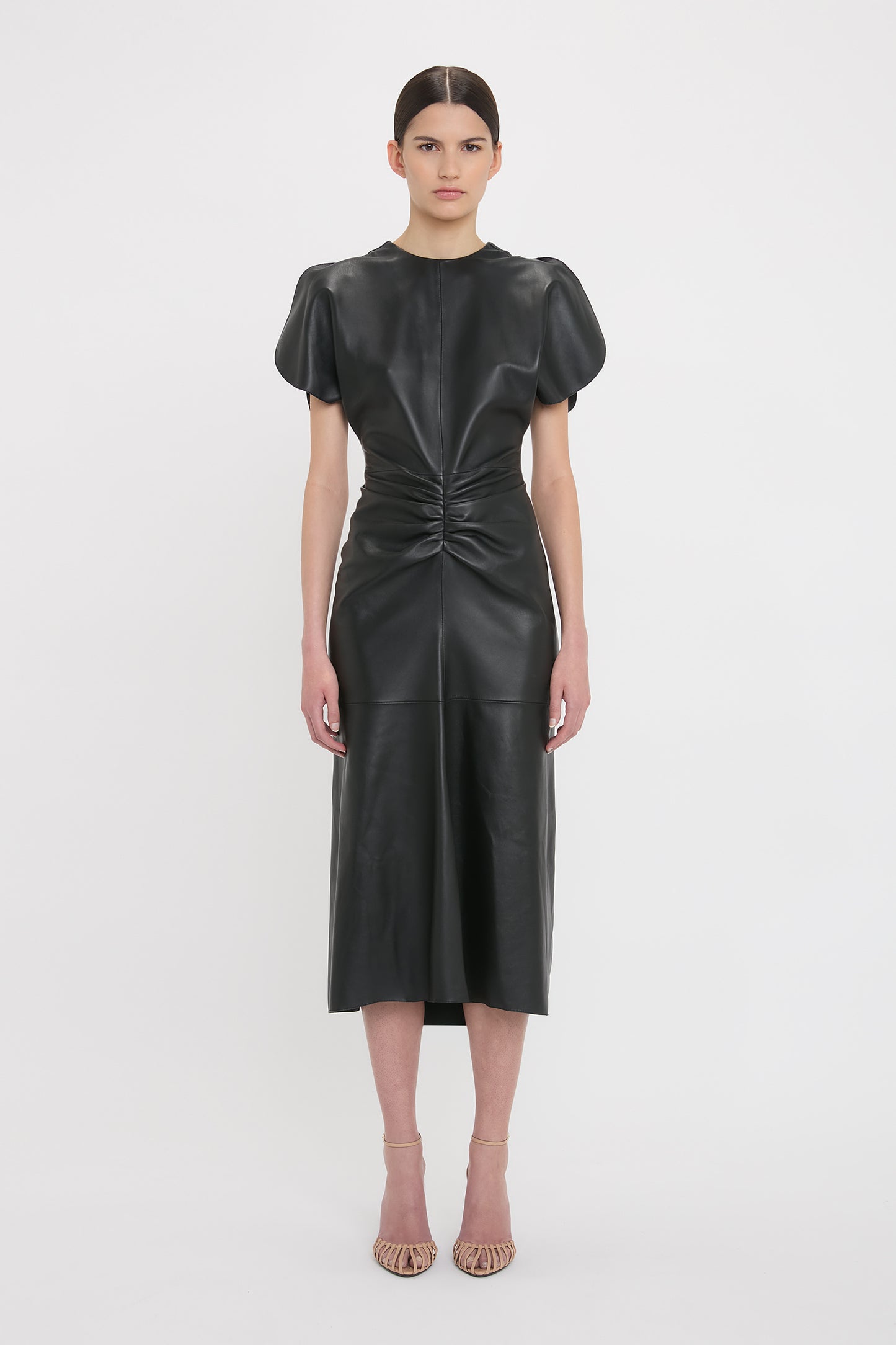 Gathered Waist Midi Dress In Soft Black Leather