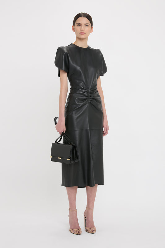 Gathered Waist Midi Dress In Soft Black Leather