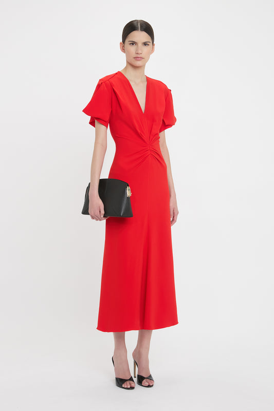 Gathered V-Neck Midi Dress In Tomato