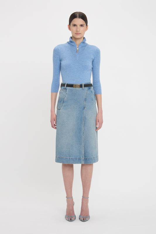 Denim Wrap Detail Skirt In Pale Blue Wash