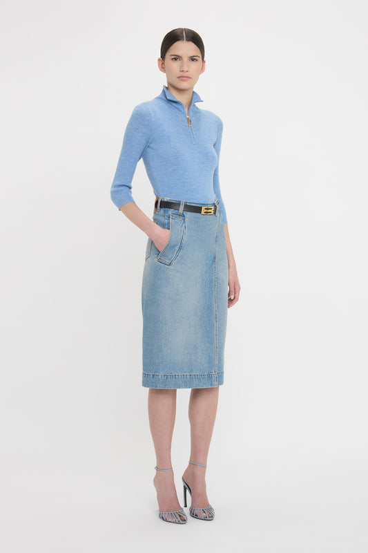 Denim Wrap Detail Skirt In Pale Blue Wash