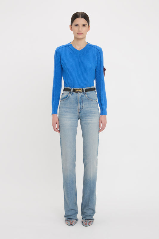 V Neck Knitted Jumper In Regatta Blue