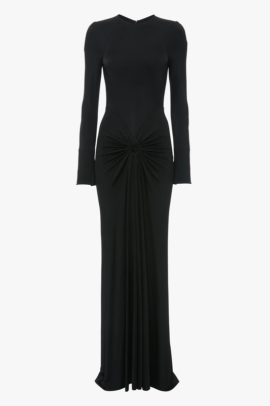 Long Sleeve Gathered Floor-Length Dress In Black