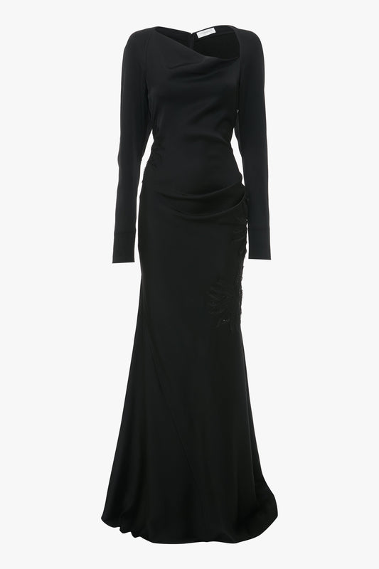 Long Sleeve Lace Applique Floor-Length Gown In Black