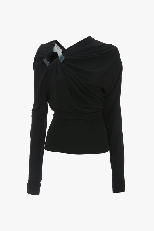 Long Sleeve Draped Jersey Top In Black