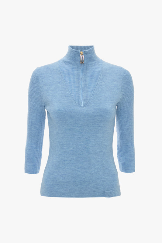 Half Zip Short Sleeve Knitted Top In Bluebell