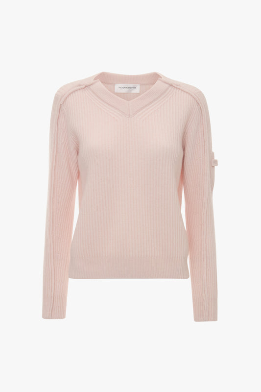 V Neck Knitted Jumper In Pale Peach