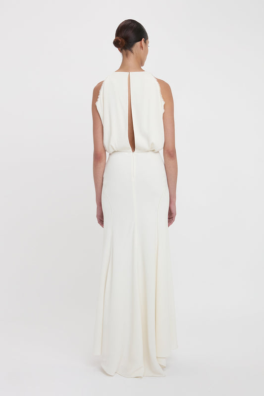 Draped Armhole Detail V-Neck Gown In Ivory