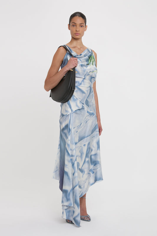 Asymmetric Draped Midi Dress In Ice Blue Satin Flowers