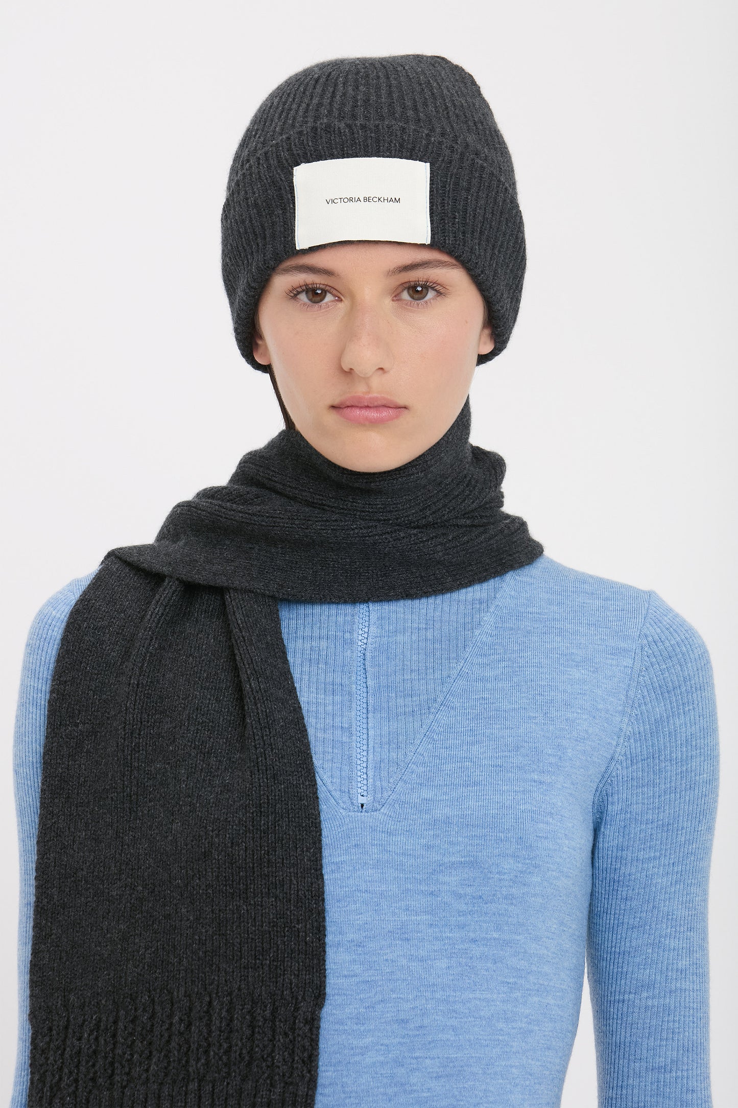 Logo Patch Beanie In Charcoal-Light Blue