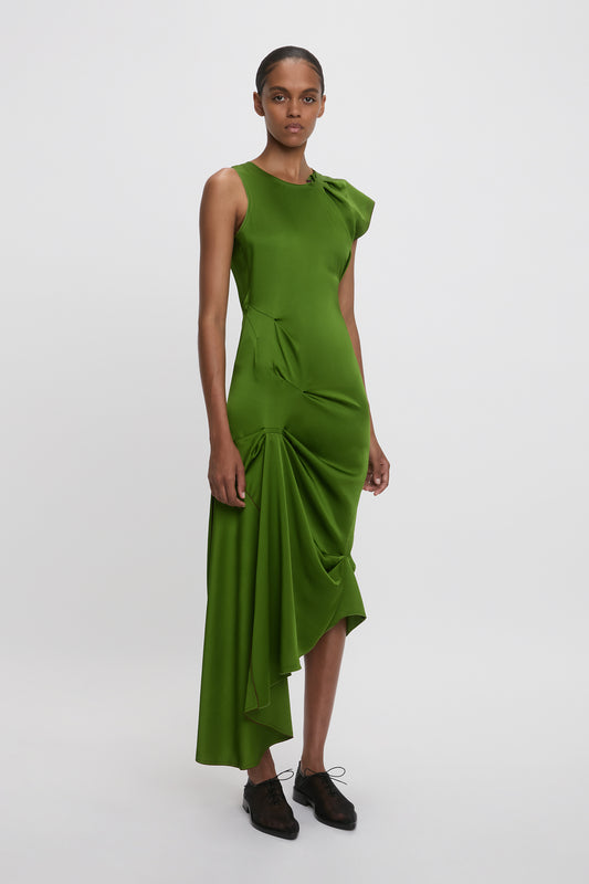 Draped Tuck Detail Midi Dress in Algae Green