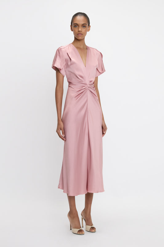 Gathered V-Neck Midi Dress In Peony