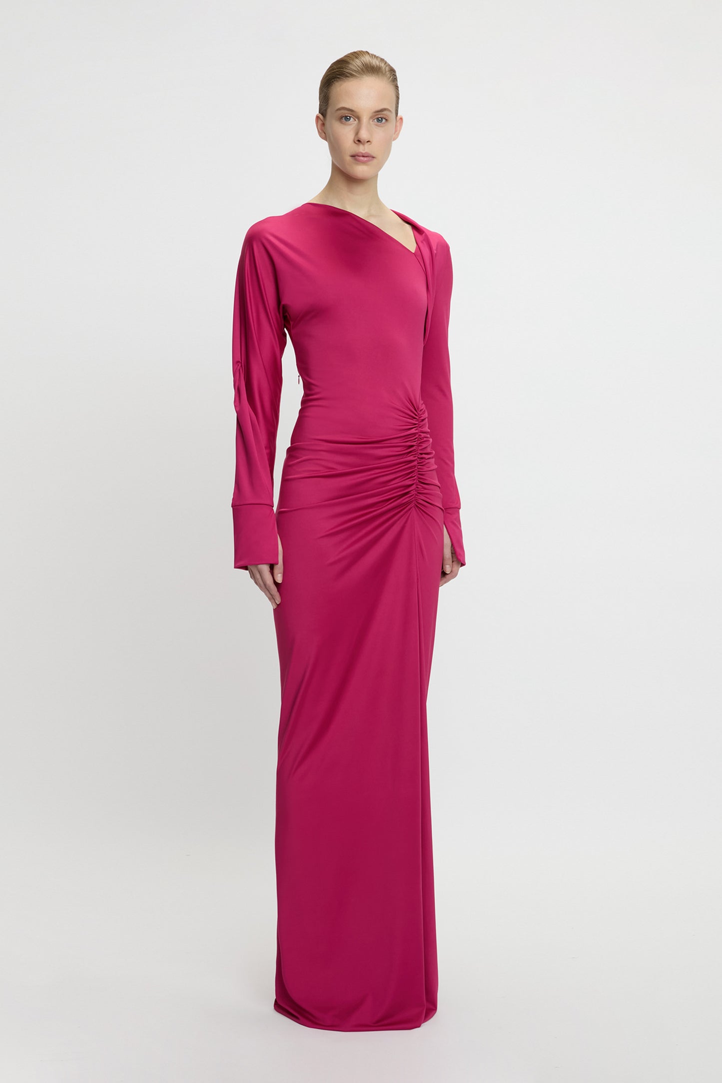 Long Sleeve Slash-Neck Gown In Cherry