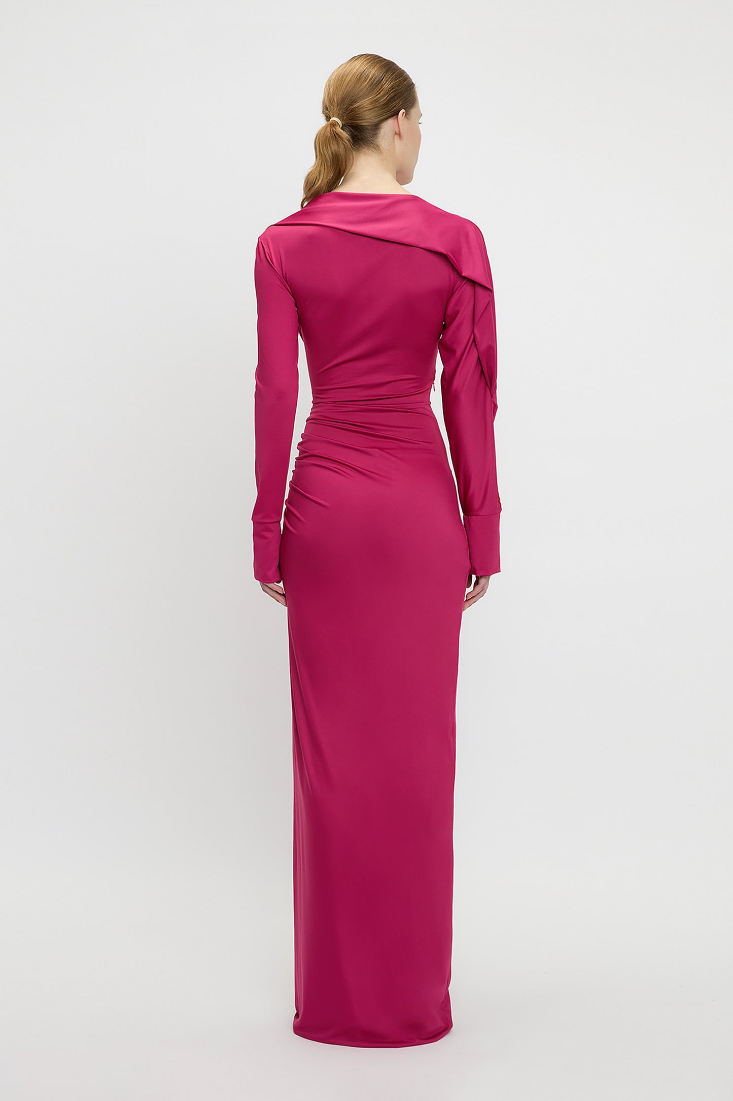 Long Sleeve Slash-Neck Gown In Cherry