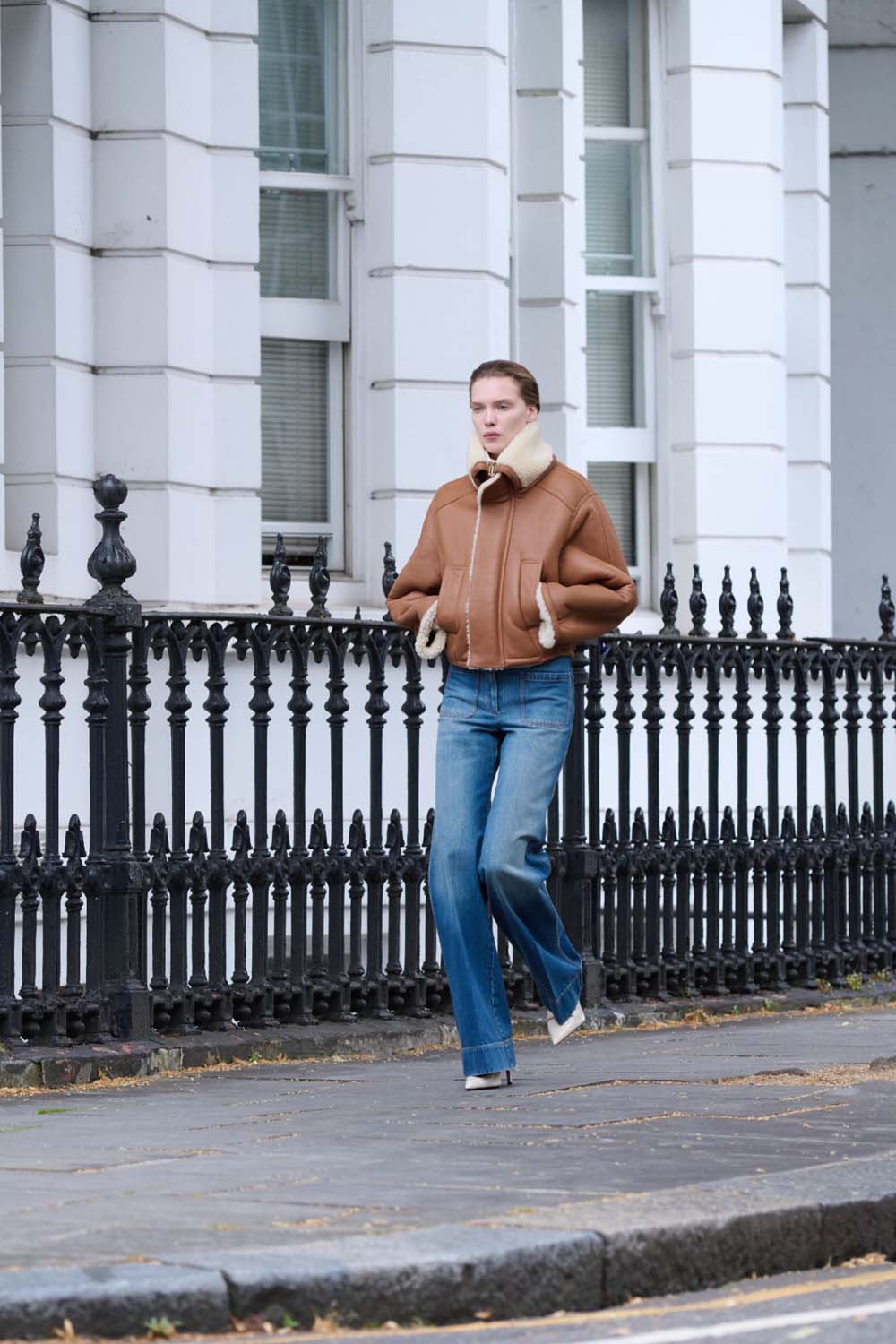 Shearling Pea Coat In Tan-Cream