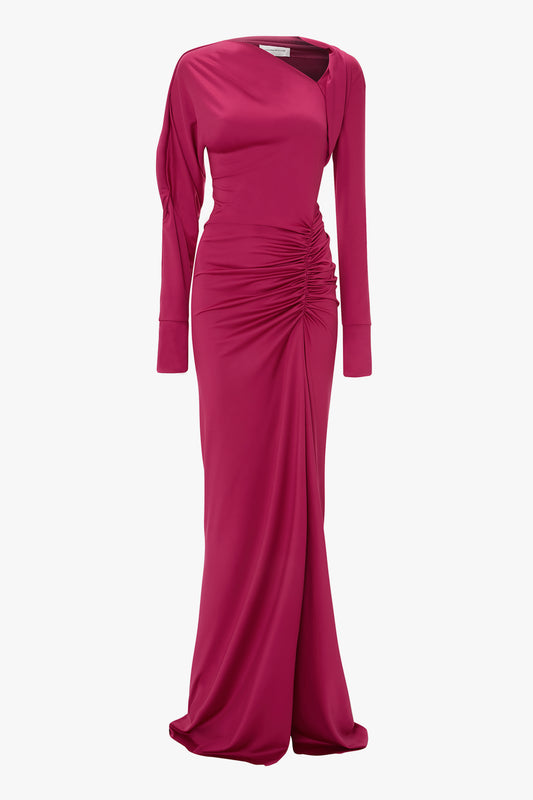 Long Sleeve Slash-Neck Gown In Cherry