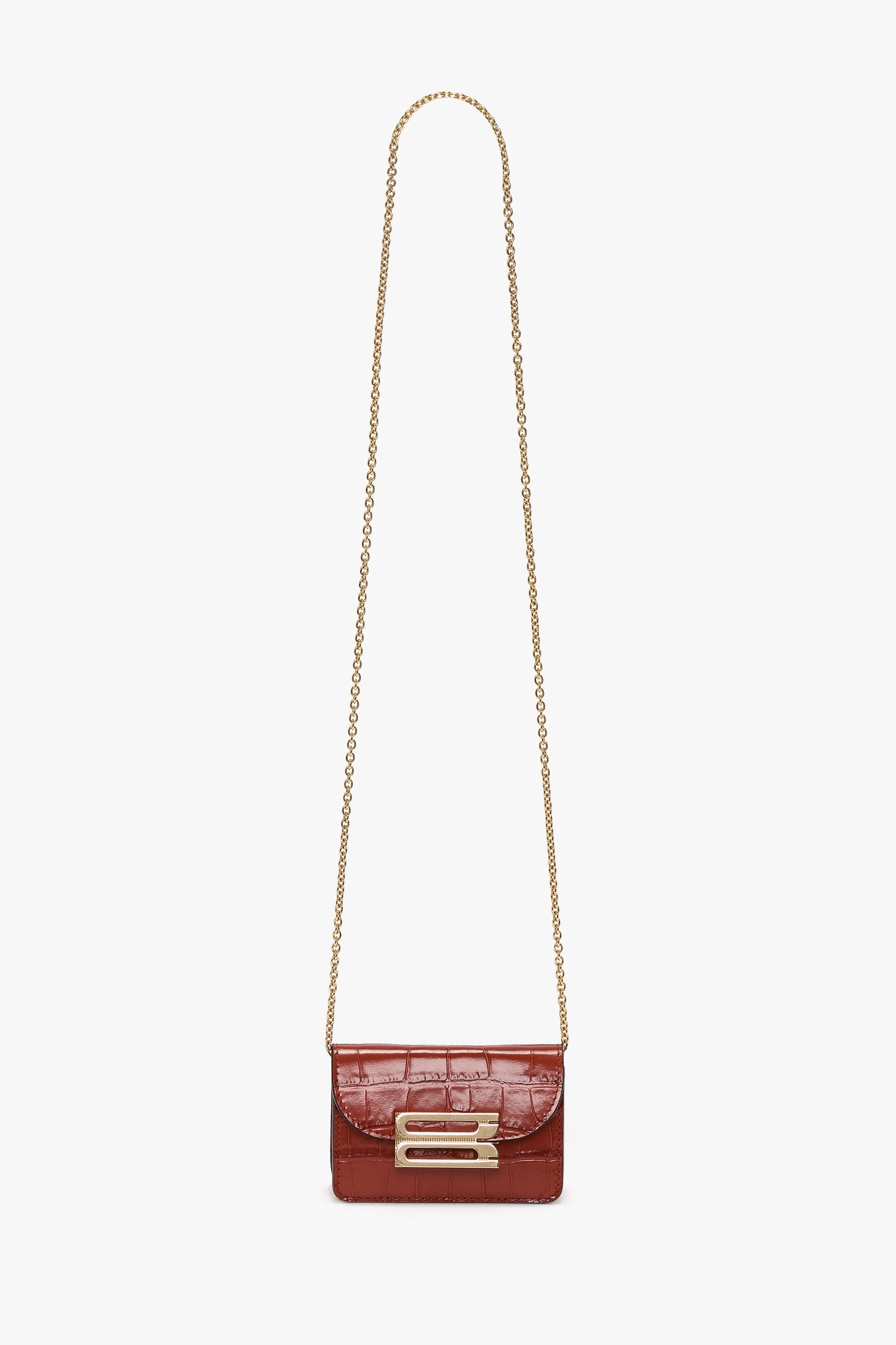 Micro Dorian Bag With Chain Strap In Brick Red Croc Embossed Leather