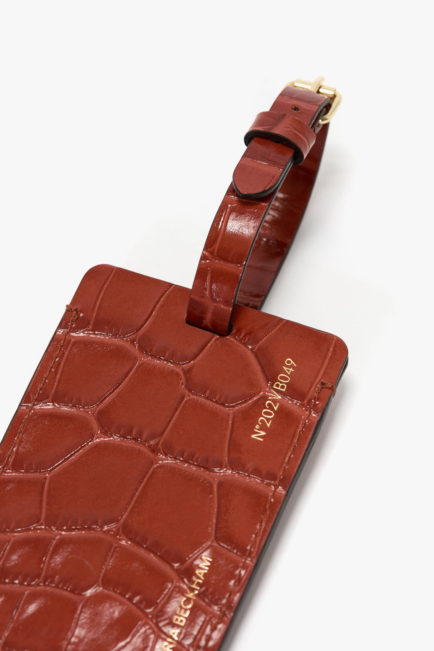 Luggage Tag In Brick Red Croc Embossed Leather