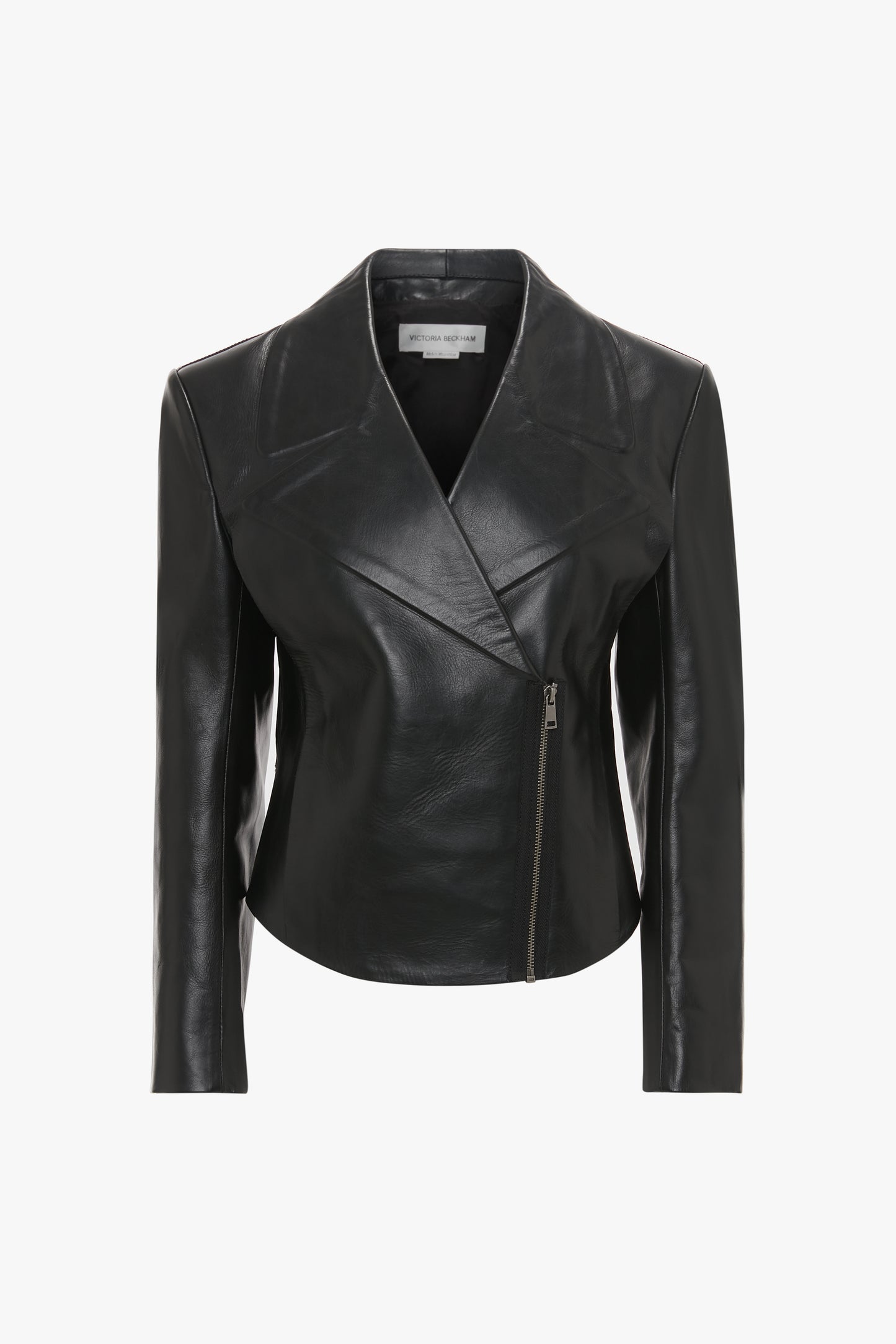 Victoria Beckham's Tailored Leather Biker Jacket In Black features an asymmetrical tailored design with zipper closure and a structured silhouette, crafted from luxurious calf leather for a modern classic look.