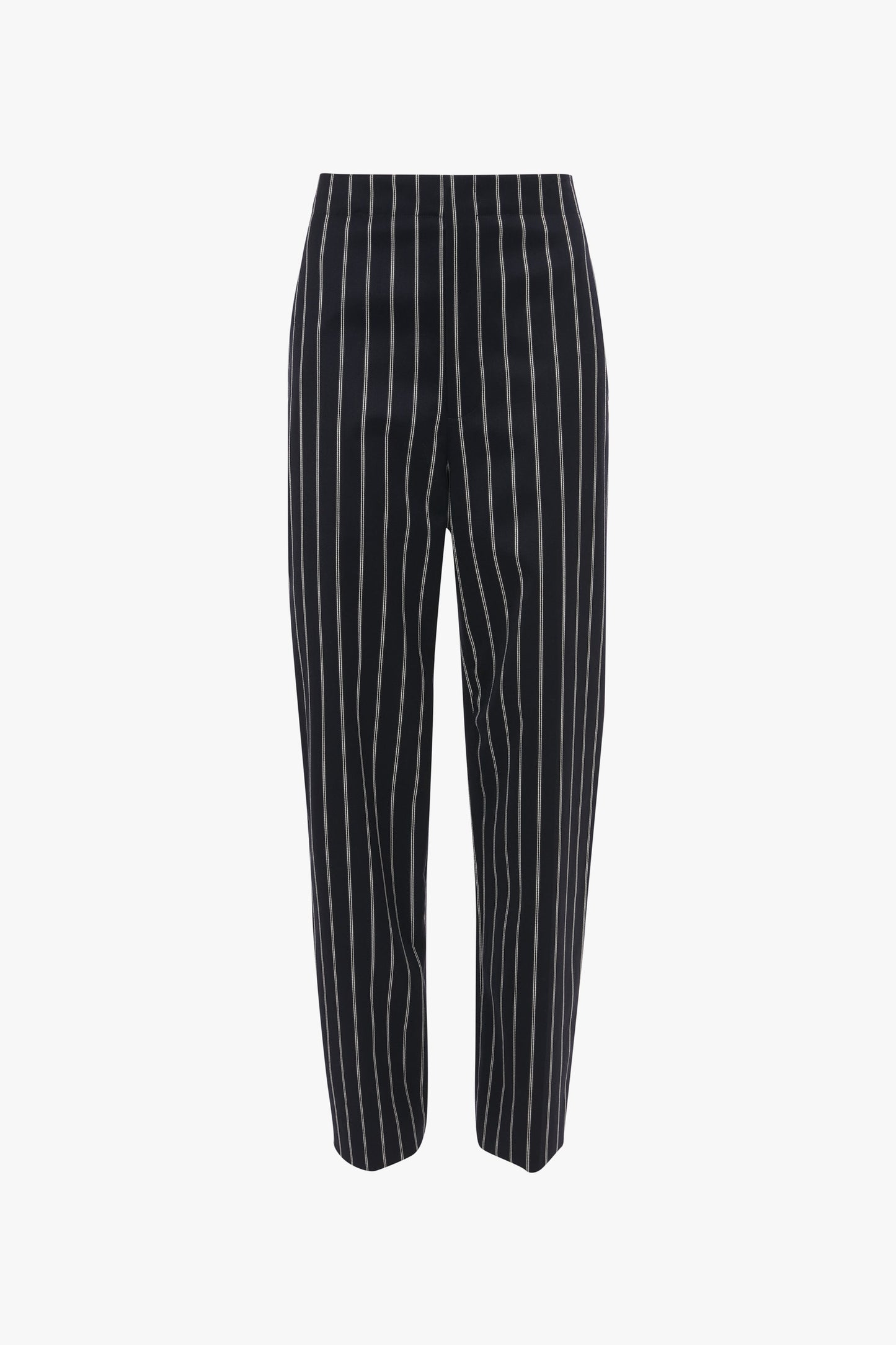 Victoria Beckham Tapered Leg Trouser In Midnight-White, featuring a high waist and a sleek straight-leg cut.