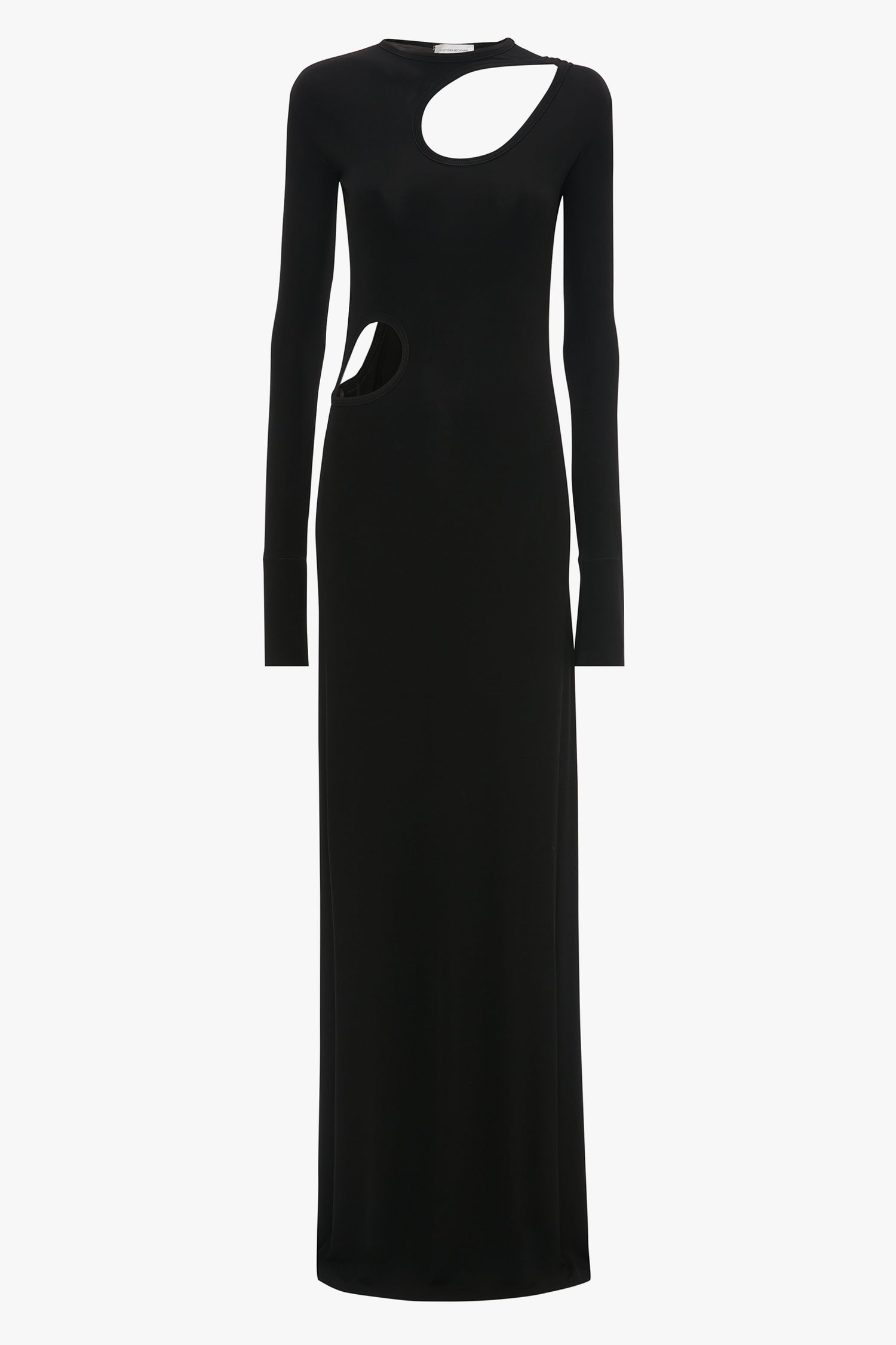 Cut-Out Jersey Floor-Length Dress In Black by Victoria Beckham with a design at the shoulder and waist, featuring a slim fit. Perfect for those who appreciate the timeless elegance of Victoria Beckham's evening gowns.