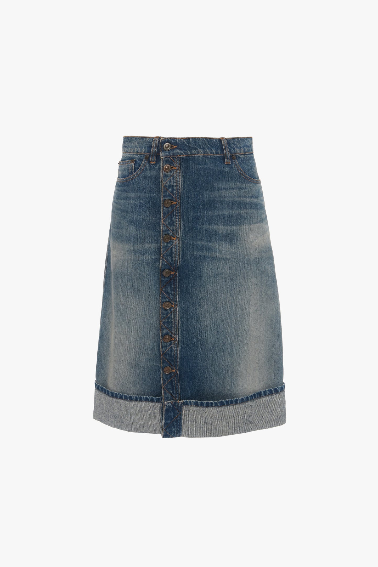 A Placket Detail Denim Skirt In Heavy Vintage Indigo Wash by Victoria Beckham with an asymmetric front placket, faded details, and a rolled hem.