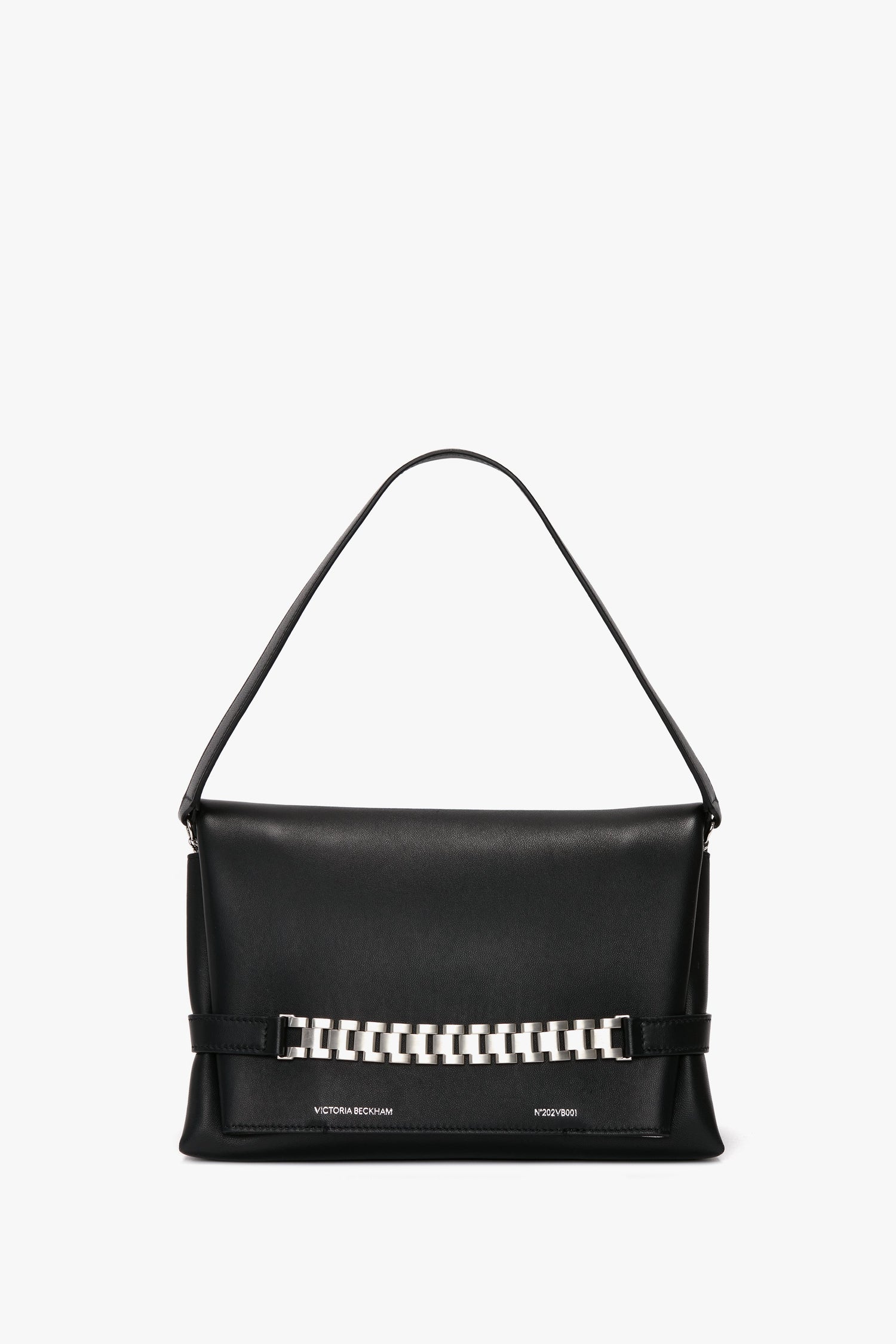 A black leather Chain Pouch Bag with Brushed Silver Chain In Black Leather, featuring silver Victoria Beckham branding and a single top handle.