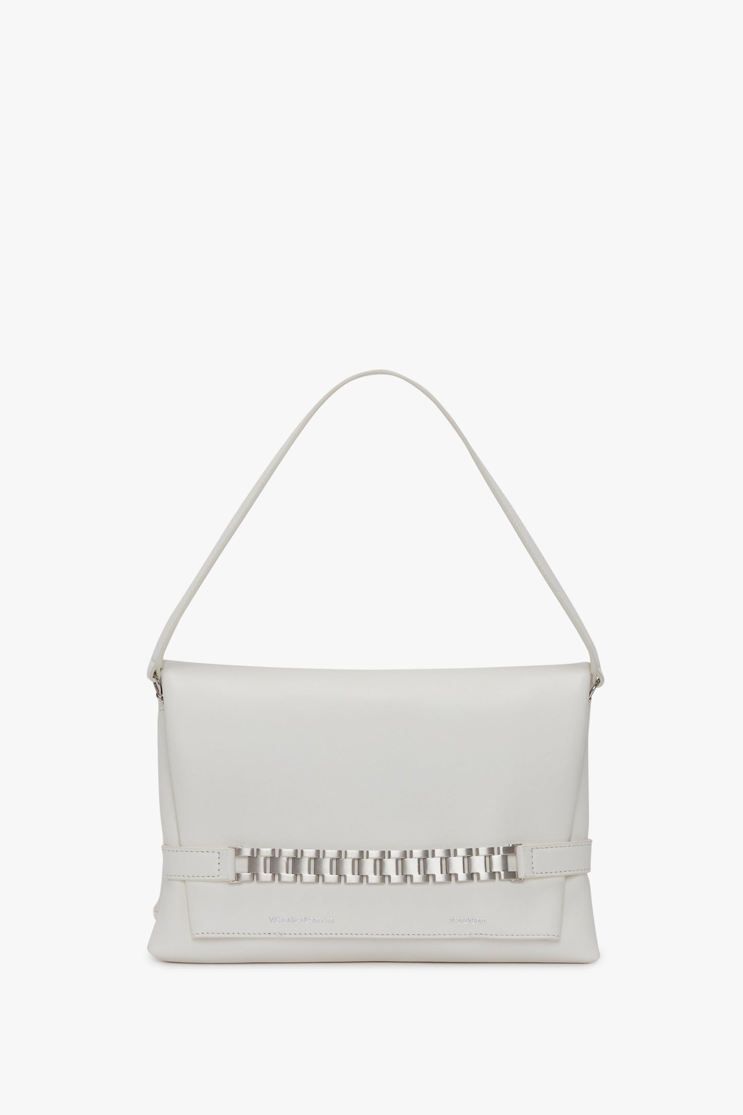 A Chain Pouch with Brushed Silver Chain In White by Victoria Beckham with a single top handle, a decorative woven pattern on the front, and foil-embossed branding.