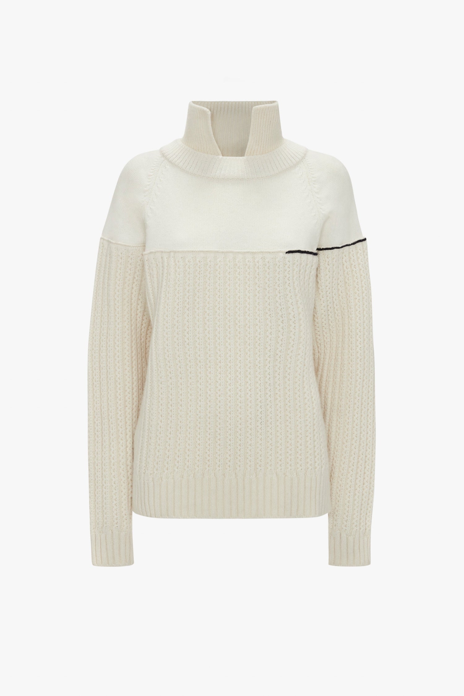 Collar Detail Jumper In Natural by Victoria Beckham featuring a high turtleneck, long sleeves, and a contrasting black chain stitch detail near the chest.