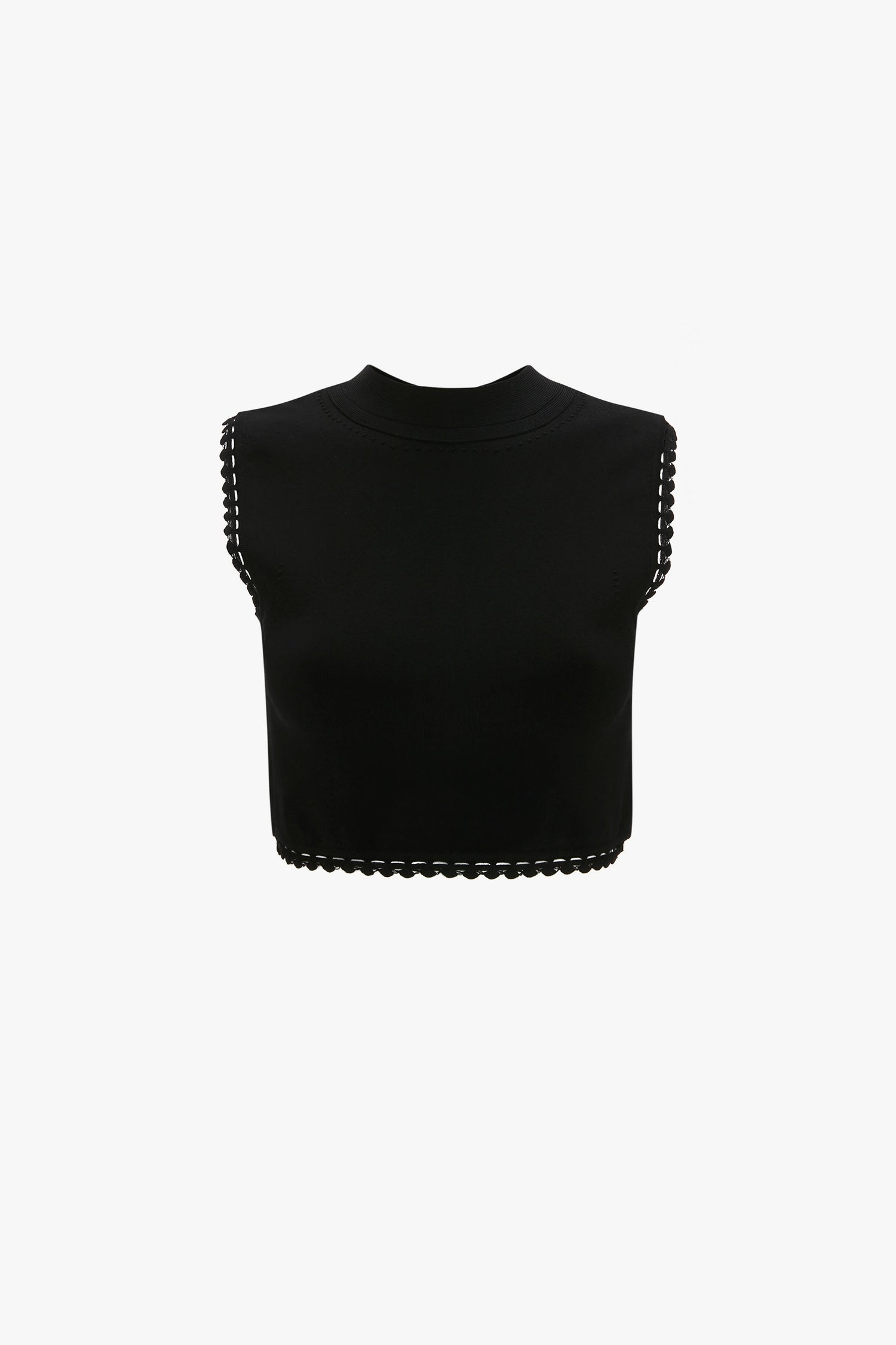 A VB Body Scallop Trim Tank Top In Black by Victoria Beckham with a high round neck and stitching details along the armholes and hem, making it a summer essential.