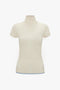 Cream-colored, short-sleeve Polo Neck Knitted T-Shirt In Cream by Victoria Beckham with a pointelle stitch pattern, displayed on a white background. Perfect as a trans-seasonal piece.