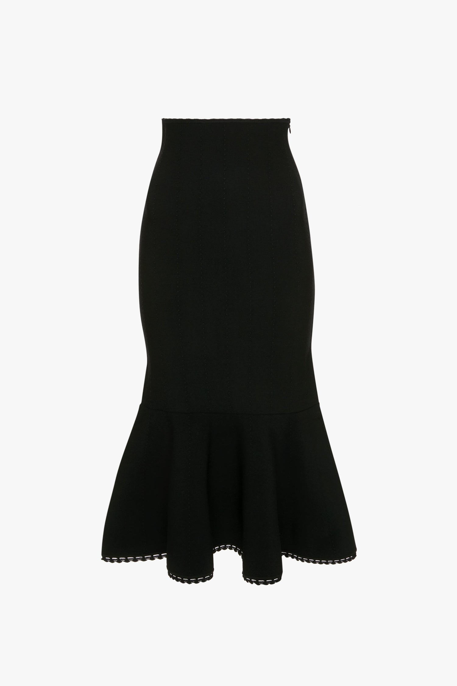 A black, high-waisted, form-fitting VB Body Scallop Trim Flared Skirt In Black by Victoria Beckham with a flattering flared silhouette and scalloped detailing at the edges, perfect for versatile styling.