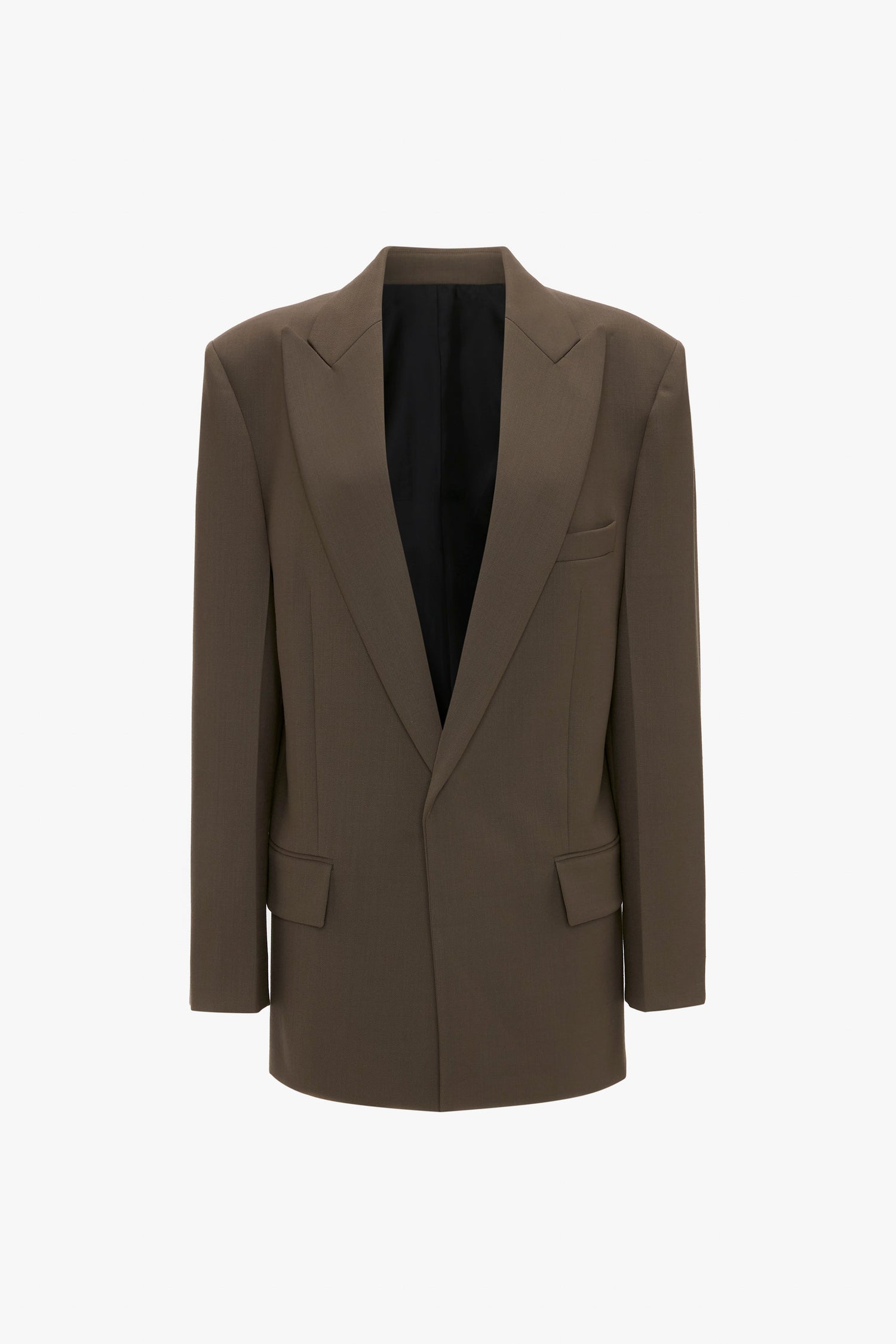 A Peak Lapel Jacket In Oregano by Victoria Beckham with a deep V-neck, structured shoulders, two front pockets, and a chest pocket against a plain white background offers a contemporary aesthetic with its slight oversized silhouette.