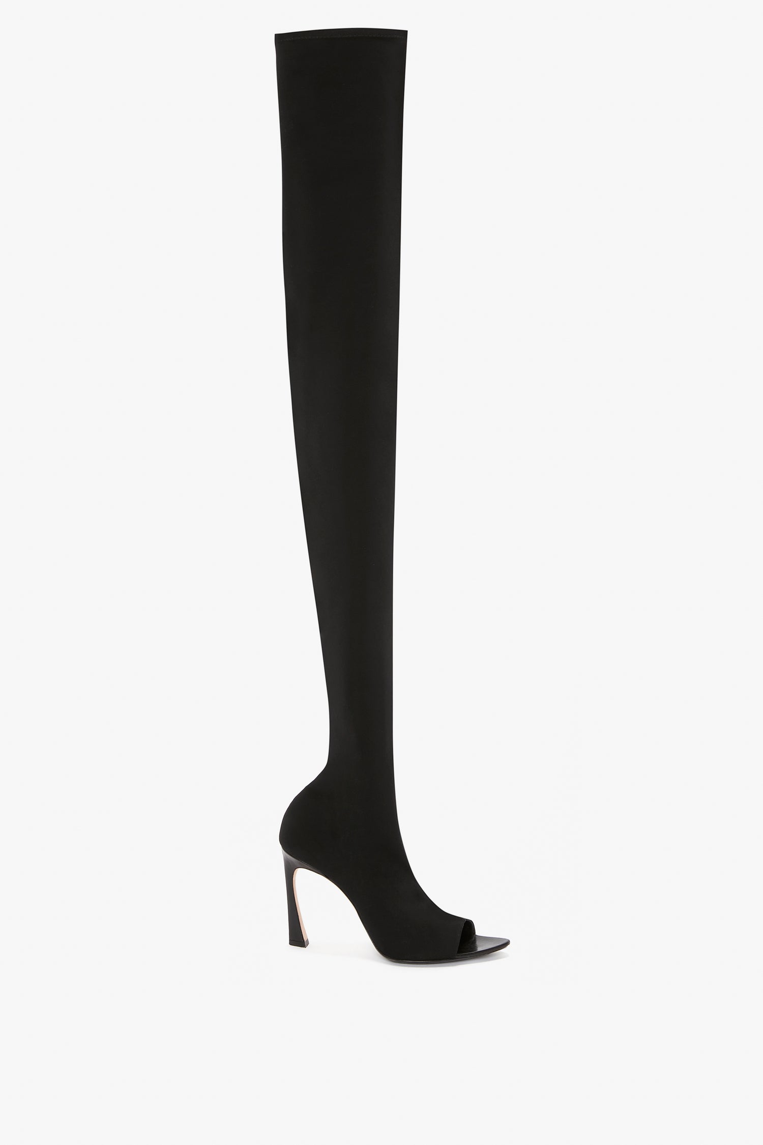 Knee-high, Peep Toe Stretch Jersey Boot In Black by Victoria Beckham with a sculptural heel and a sleek, form-fitting design inspired by Victoria Beckham footwear.