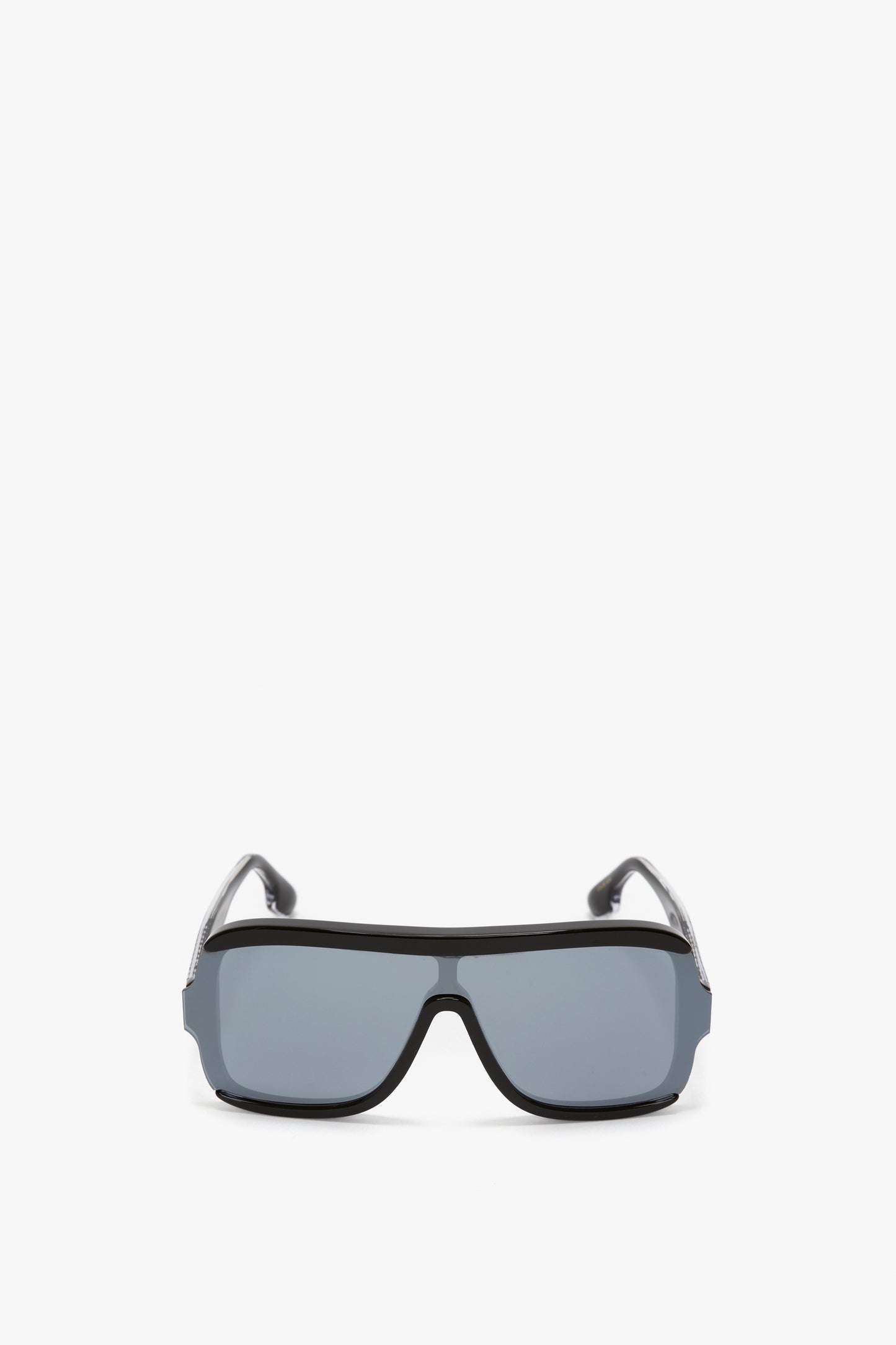 Pair of modern, rectangular black Victoria Beckham Layered Mask Sunglasses In Black-Silver-Mirror with dark lenses and acetate temples, facing forward against a white background.