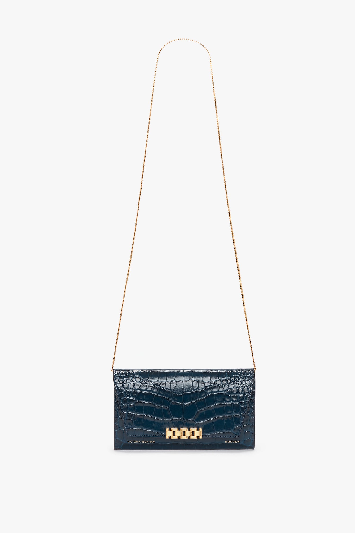 A Wallet On Chain In Midnight Croc-Effect Leather, Victoria Beckham embossed croc leather handbag with a long gold chain strap and a rectangular gold clasp.