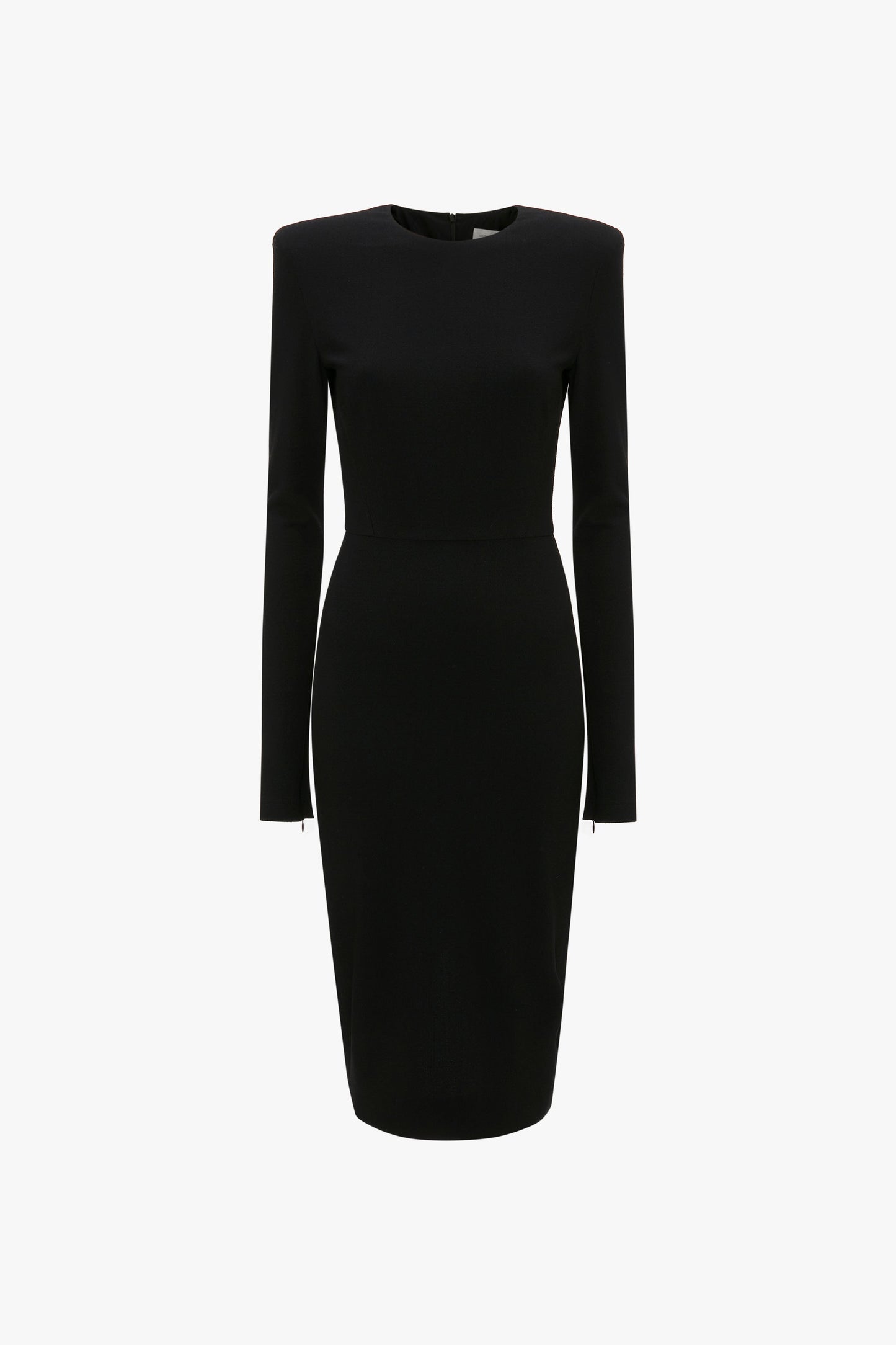 A black, knee-length, long-sleeve Victoria Beckham Long Sleeve T-Shirt Fitted Dress In Black with a fitted silhouette and padded shoulders, made from bi-stretch crepe on a plain white background.