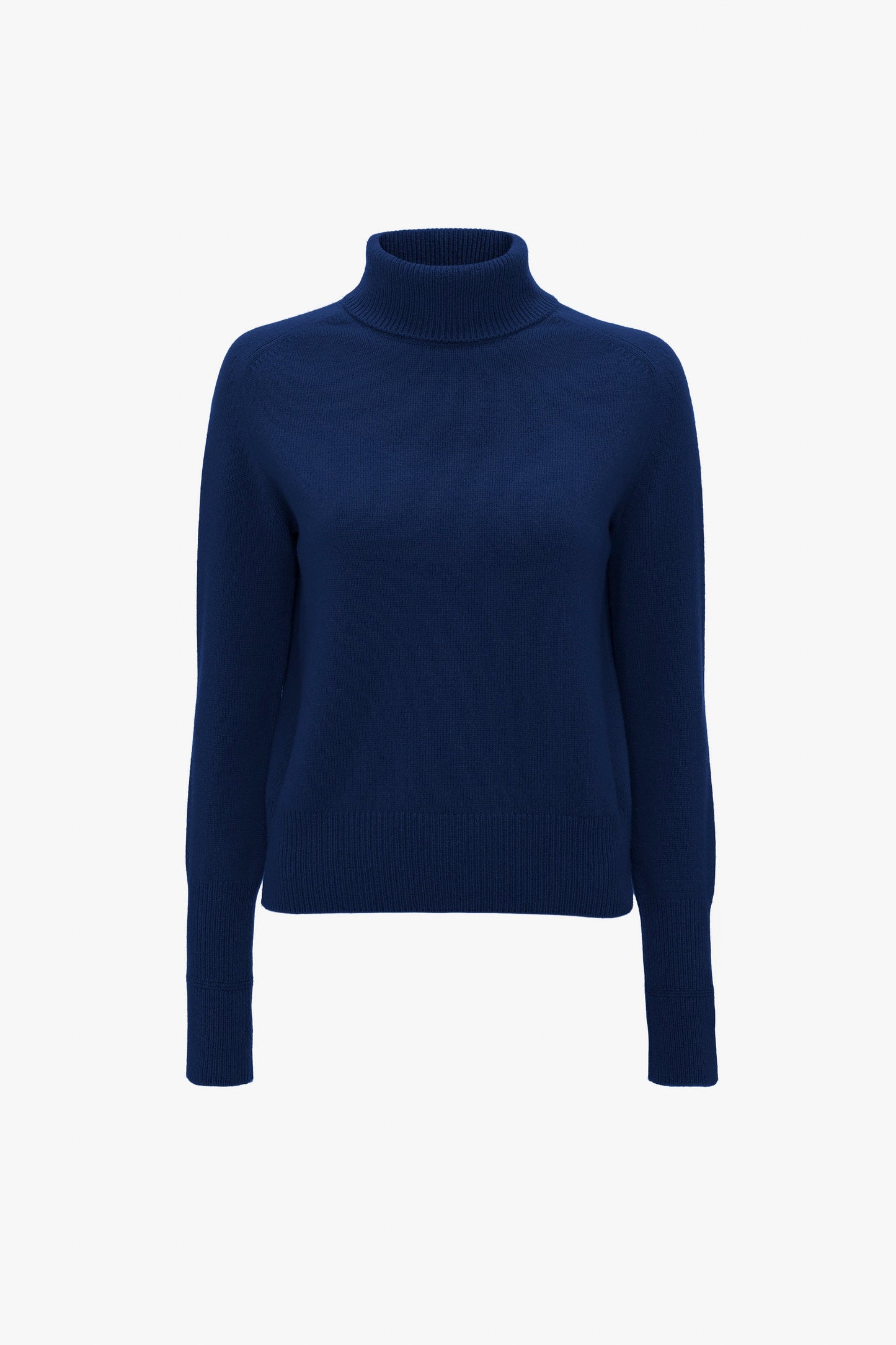 A Polo Neck Jumper In Navy by Victoria Beckham with a plain design and a subtle saddle shoulder design, displayed against a white background.