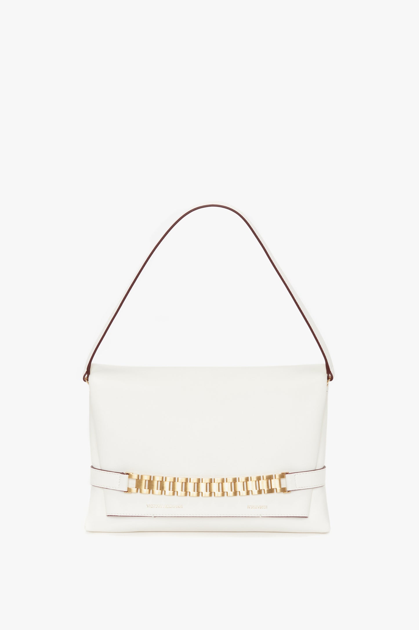 Victoria Beckham's Chain Pouch Bag with Strap In White Leather featuring a single shoulder strap and a gold chain accent on the front.