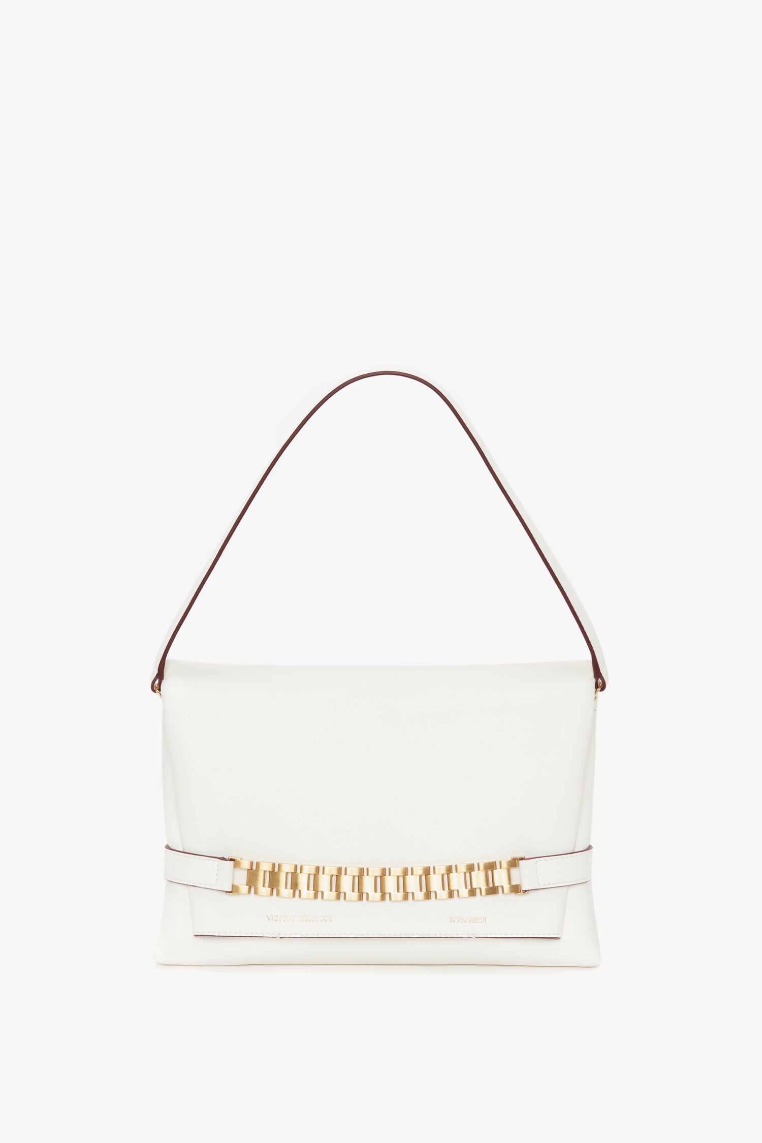 Victoria Beckham's Chain Pouch Bag with Strap In White Leather featuring a single shoulder strap and a gold chain accent on the front.